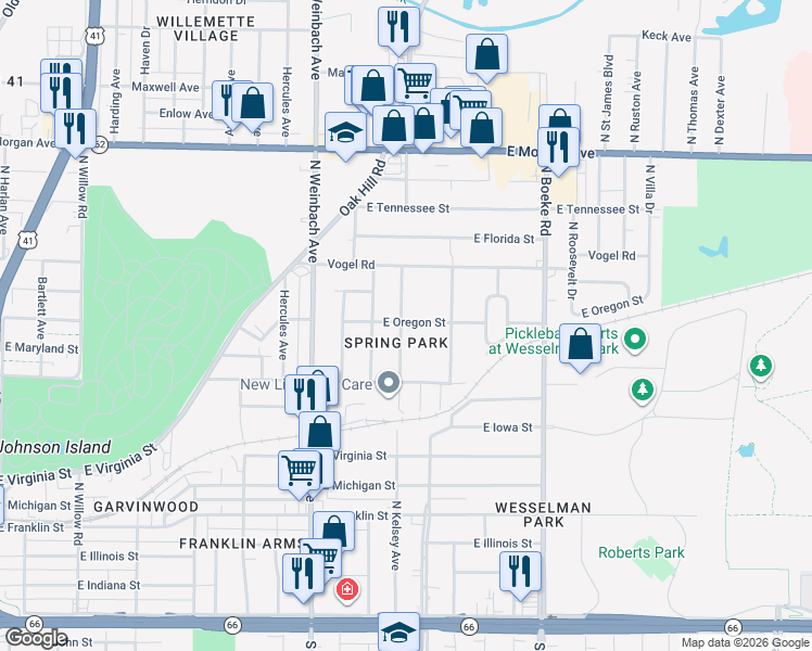 map of restaurants, bars, coffee shops, grocery stores, and more near 921 North Kelsey Avenue in Evansville