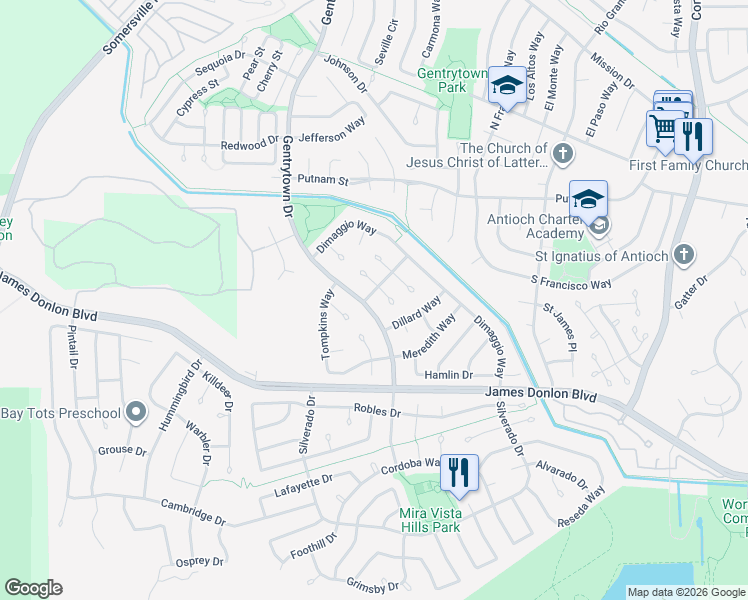 map of restaurants, bars, coffee shops, grocery stores, and more near 2229 Sherman Court in Antioch