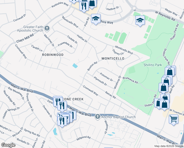 map of restaurants, bars, coffee shops, grocery stores, and more near 490 Plymouth Drive in Lexington