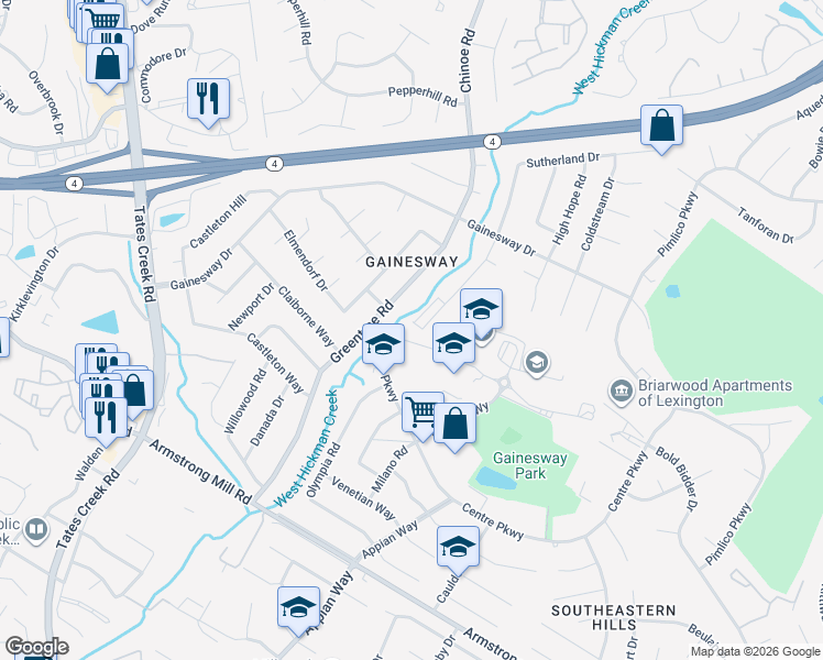 map of restaurants, bars, coffee shops, grocery stores, and more near 3493 Sutherland Drive in Lexington