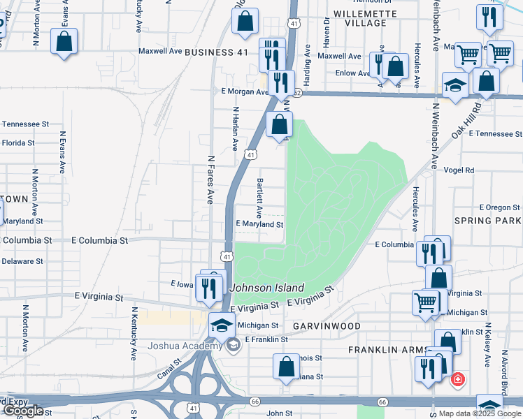map of restaurants, bars, coffee shops, grocery stores, and more near 1401 East Oregon Street in Evansville