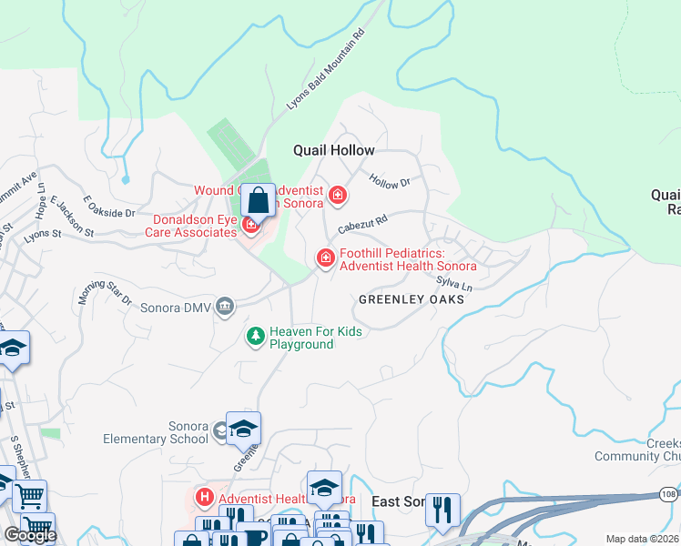 map of restaurants, bars, coffee shops, grocery stores, and more near 12801 Cabezut Road in Sonora