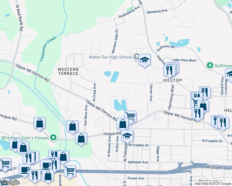 map of restaurants, bars, coffee shops, grocery stores, and more near 3609 Quarry Ridge Drive in Evansville