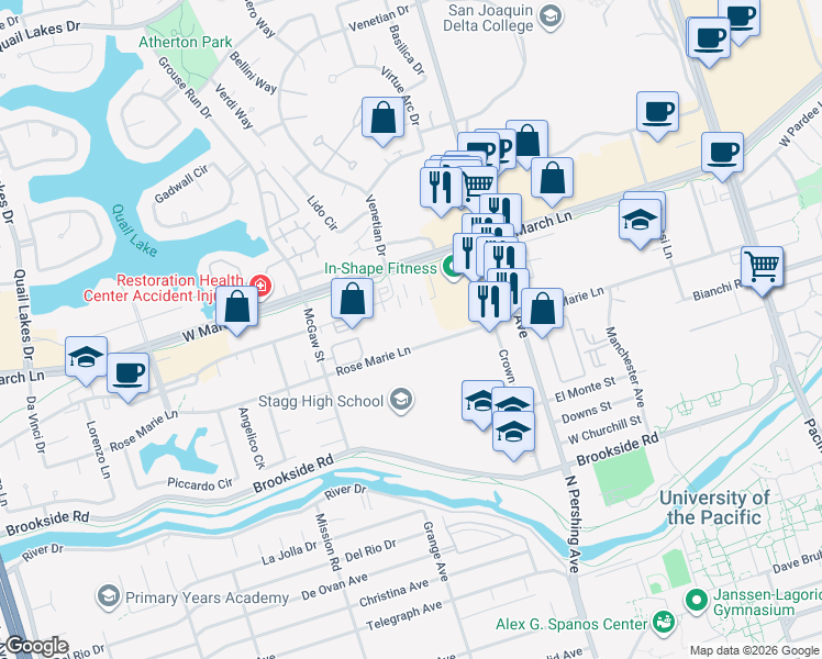 map of restaurants, bars, coffee shops, grocery stores, and more near 1563 Rosemarie Lane in Stockton
