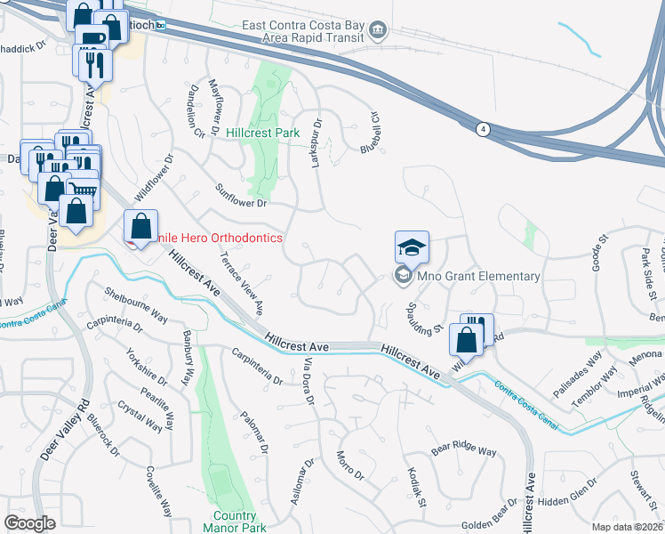 map of restaurants, bars, coffee shops, grocery stores, and more near 3504 Bellflower Drive in Antioch