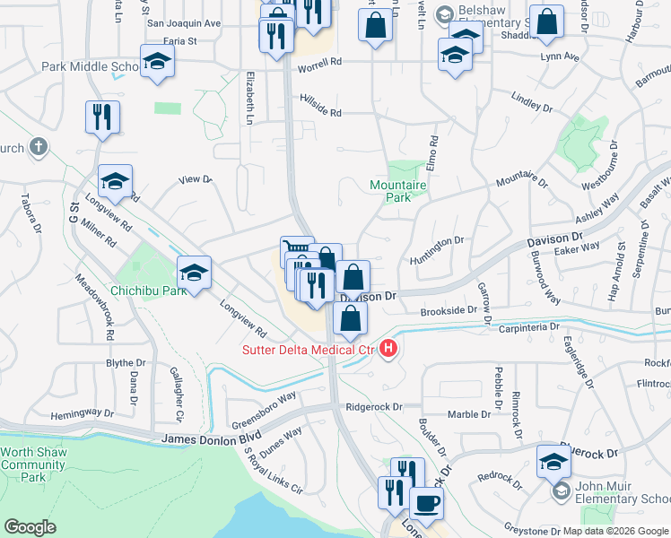 map of restaurants, bars, coffee shops, grocery stores, and more near 2 El Capitan Lane in Antioch