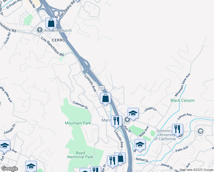 map of restaurants, bars, coffee shops, grocery stores, and more near 120 Villa Avenue in San Rafael