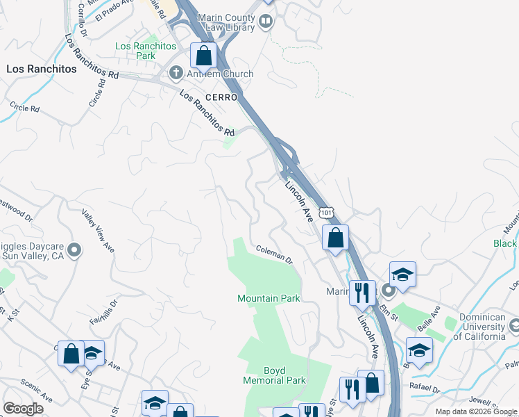 map of restaurants, bars, coffee shops, grocery stores, and more near 26 Fair Drive in San Rafael