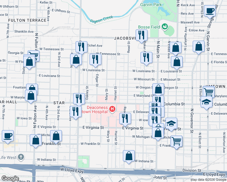 map of restaurants, bars, coffee shops, grocery stores, and more near 906 Harriet Street in Evansville