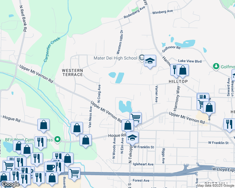 map of restaurants, bars, coffee shops, grocery stores, and more near 3639 Quarry Ridge Drive in Evansville
