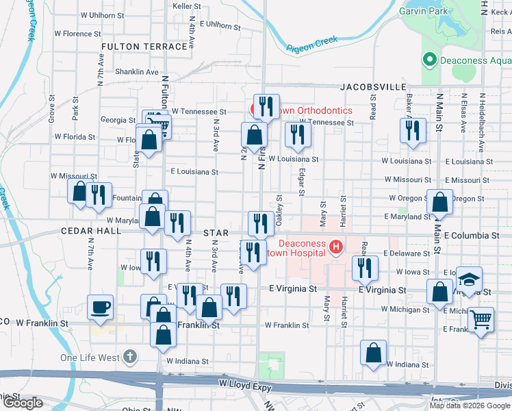 map of restaurants, bars, coffee shops, grocery stores, and more near 905 North First Avenue in Evansville