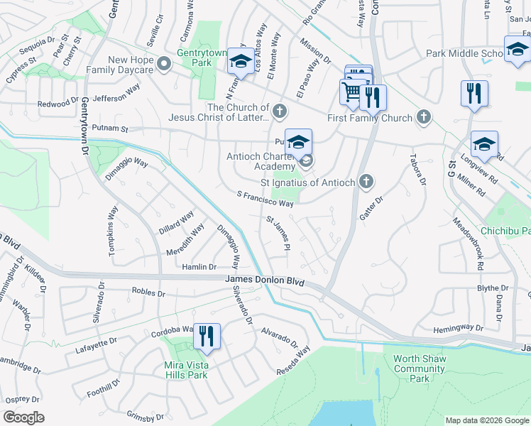 map of restaurants, bars, coffee shops, grocery stores, and more near 3201 Saint James Place in Antioch