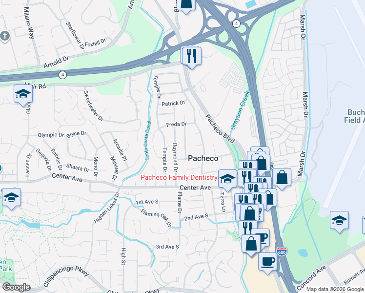 map of restaurants, bars, coffee shops, grocery stores, and more near 1219 Raymond Drive in Pacheco