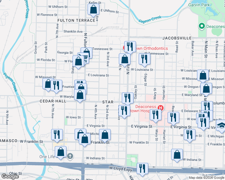 map of restaurants, bars, coffee shops, grocery stores, and more near 923 West Maryland Street in Evansville