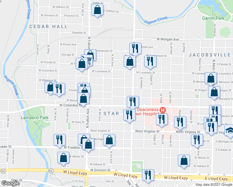 map of restaurants, bars, coffee shops, grocery stores, and more near 923 W Maryland St in Evansville