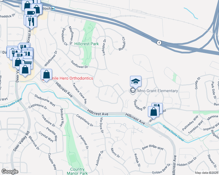 map of restaurants, bars, coffee shops, grocery stores, and more near 3504 Bellflower Drive in Antioch