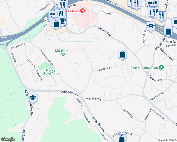 map of restaurants, bars, coffee shops, grocery stores, and more near 4900 John Muir Road in Martinez