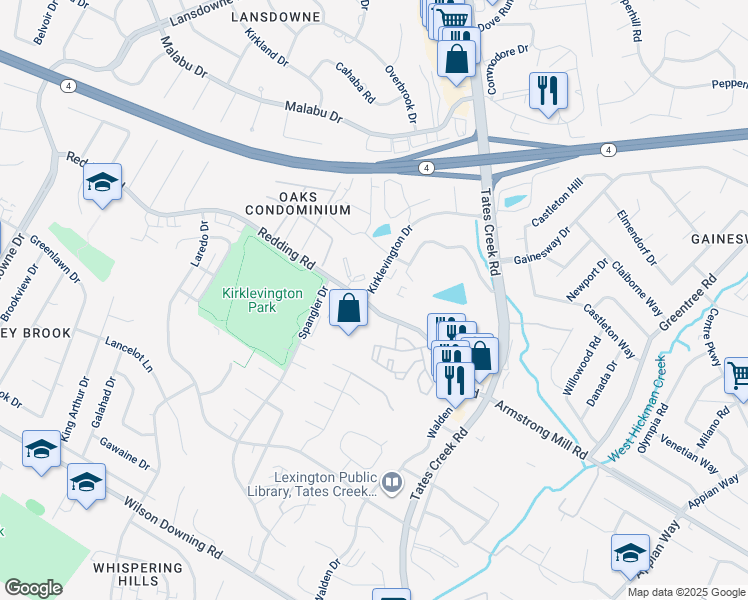 map of restaurants, bars, coffee shops, grocery stores, and more near 3216 Kirklevington Drive in Lexington