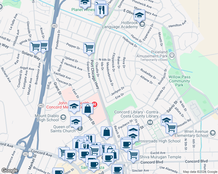 map of restaurants, bars, coffee shops, grocery stores, and more near 3110 Ida Drive in Concord