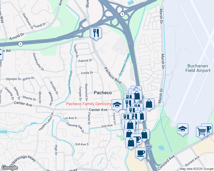 map of restaurants, bars, coffee shops, grocery stores, and more near in Pacheco