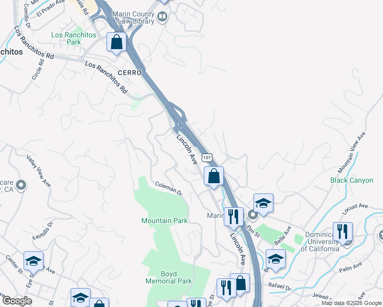 map of restaurants, bars, coffee shops, grocery stores, and more near 1761 Lincoln Avenue in San Rafael