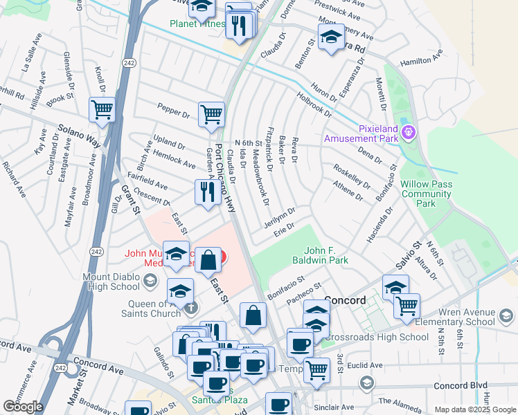 map of restaurants, bars, coffee shops, grocery stores, and more near 3110 Ida Drive in Concord