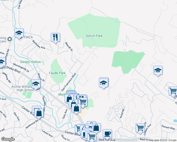 map of restaurants, bars, coffee shops, grocery stores, and more near 236 Los Angeles Boulevard in San Anselmo