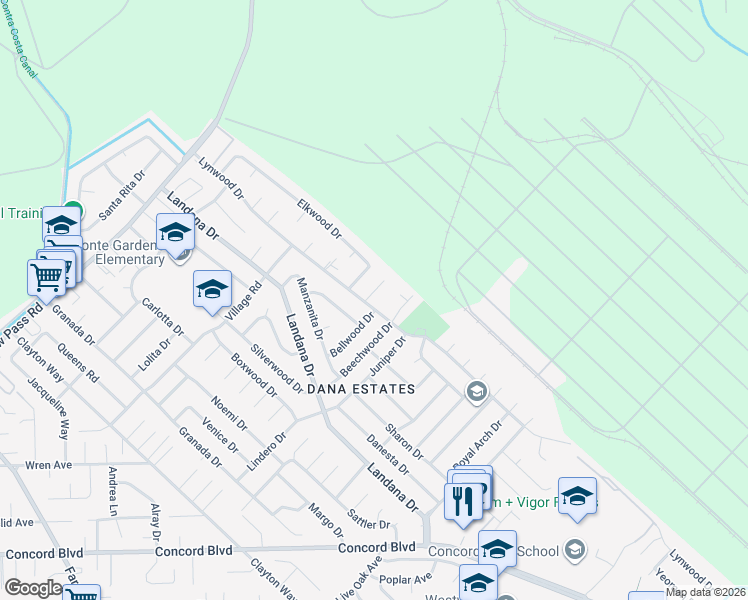 map of restaurants, bars, coffee shops, grocery stores, and more near 1816 Lynwood Drive in Concord