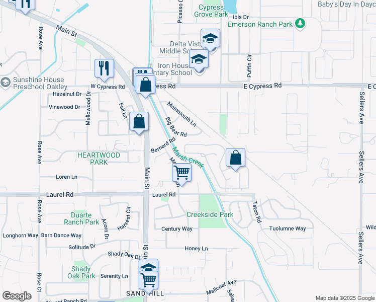 map of restaurants, bars, coffee shops, grocery stores, and more near 1470 Quail Valley Run in Oakley