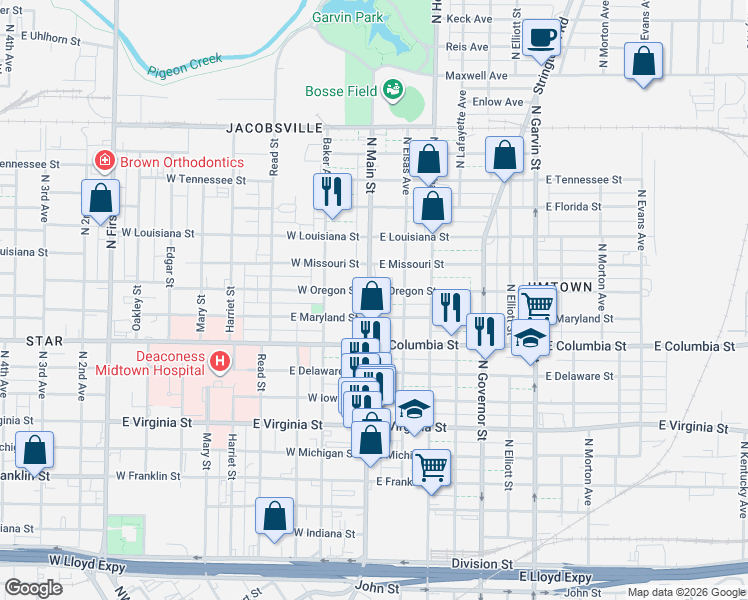 map of restaurants, bars, coffee shops, grocery stores, and more near 900 North Main Street in Evansville