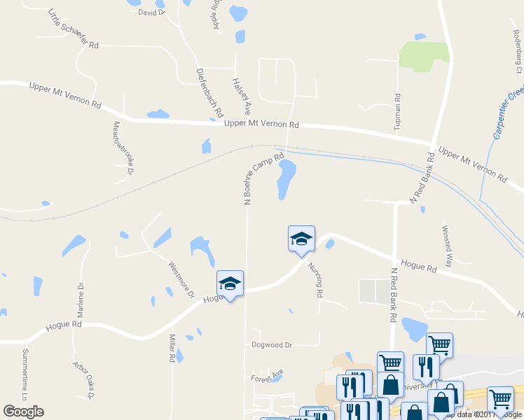 map of restaurants, bars, coffee shops, grocery stores, and more near 715 North Boehne Camp Road in Evansville