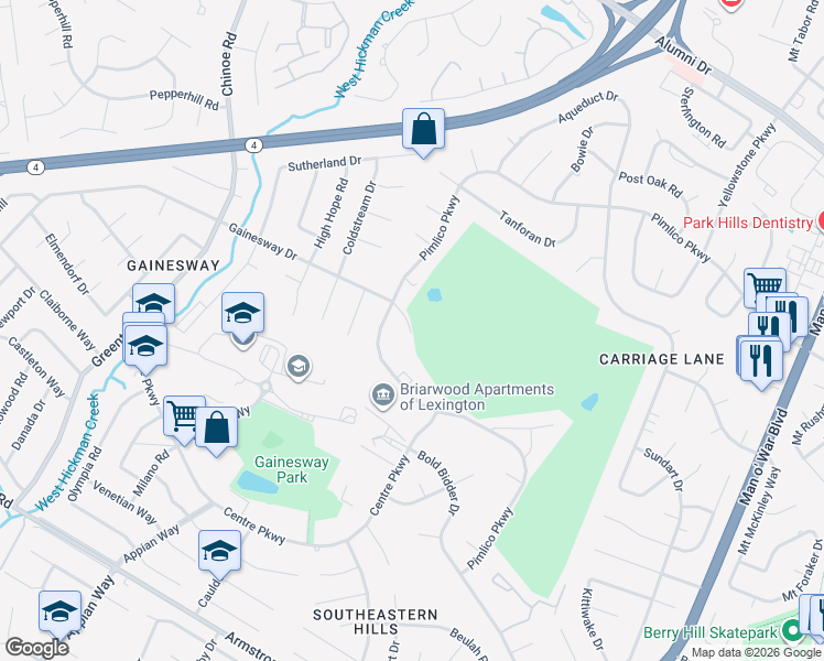 map of restaurants, bars, coffee shops, grocery stores, and more near 1399 Gainesway Drive in Lexington