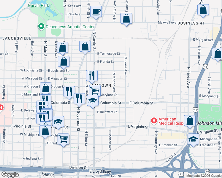 map of restaurants, bars, coffee shops, grocery stores, and more near 913 North Morton Avenue in Evansville
