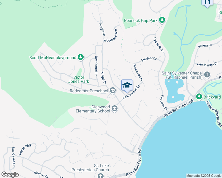 map of restaurants, bars, coffee shops, grocery stores, and more near 138 Knight Drive in San Rafael