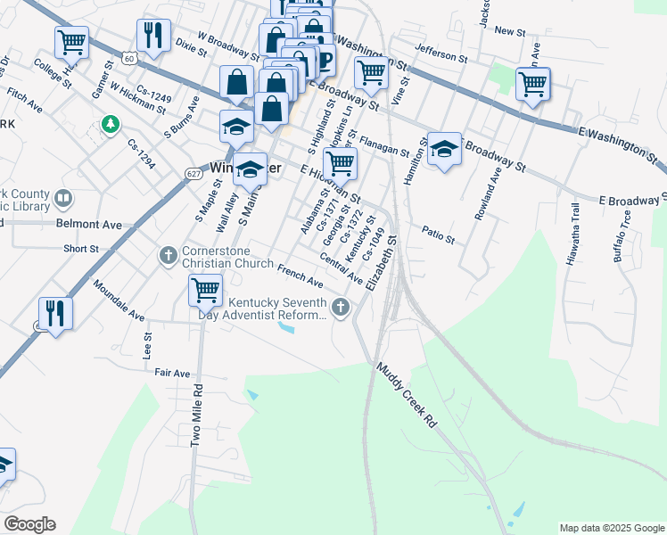 map of restaurants, bars, coffee shops, grocery stores, and more near 118 Central Avenue in Winchester