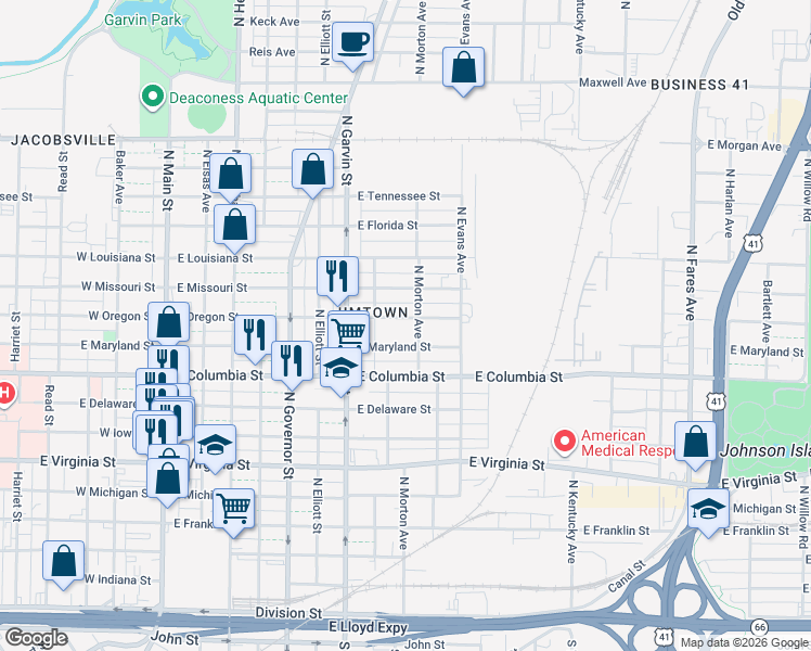 map of restaurants, bars, coffee shops, grocery stores, and more near 636 East Maryland Street in Evansville