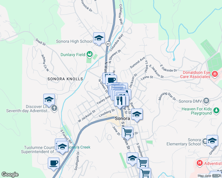 map of restaurants, bars, coffee shops, grocery stores, and more near 48 Yaney Avenue in Sonora