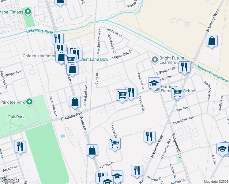 map of restaurants, bars, coffee shops, grocery stores, and more near 3380 Montego Avenue in Stockton
