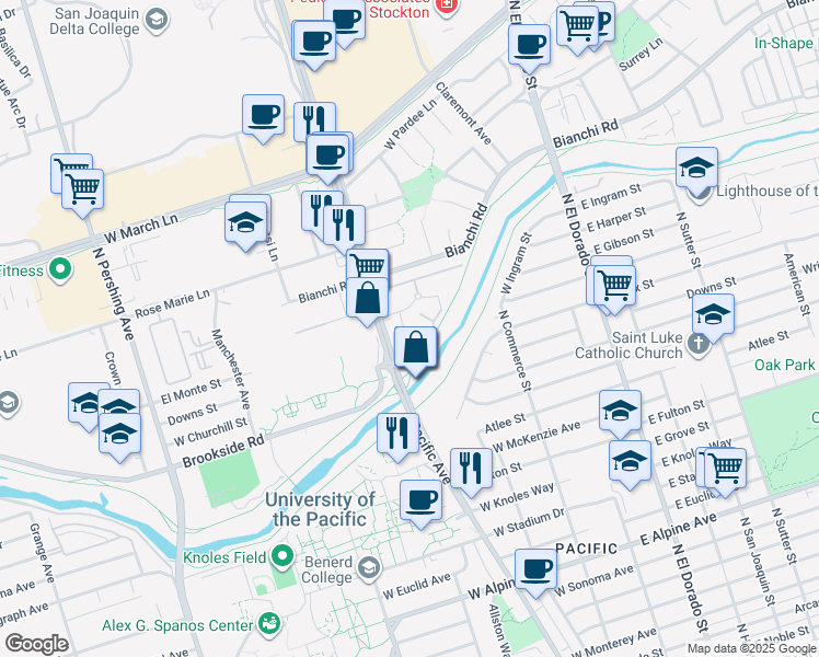 map of restaurants, bars, coffee shops, grocery stores, and more near 504 Northbank Court in Stockton