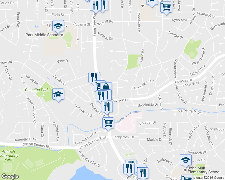 map of restaurants, bars, coffee shops, grocery stores, and more near 21 El Capitan Lane in Antioch
