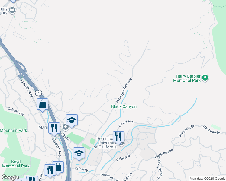 map of restaurants, bars, coffee shops, grocery stores, and more near 16 David Court in San Rafael