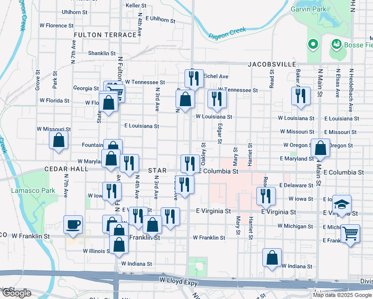 map of restaurants, bars, coffee shops, grocery stores, and more near 905 North First Avenue in Evansville