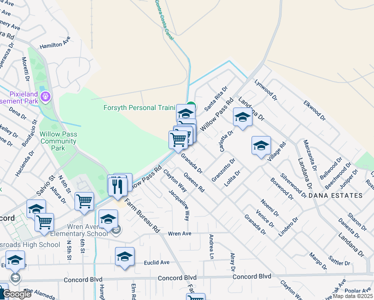 map of restaurants, bars, coffee shops, grocery stores, and more near 1896 Granada Drive in Concord