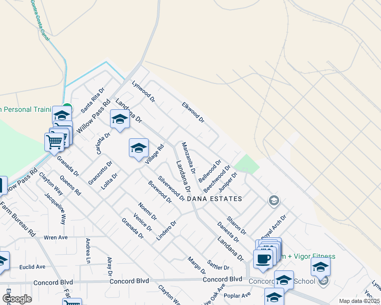 map of restaurants, bars, coffee shops, grocery stores, and more near 1830 Manzanita Drive in Concord