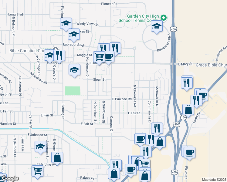 map of restaurants, bars, coffee shops, grocery stores, and more near 2205 North Arapahoe Drive in Garden City