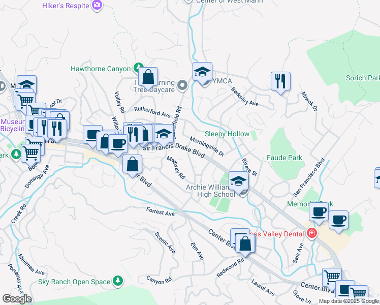 map of restaurants, bars, coffee shops, grocery stores, and more near 1441 Sir Francis Drake Boulevard in San Anselmo