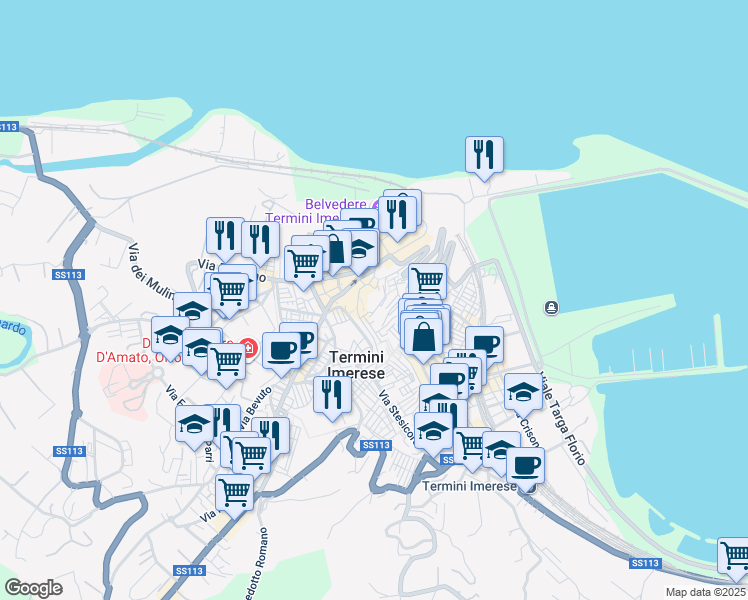 map of restaurants, bars, coffee shops, grocery stores, and more near Piazzetta Benincasa in Termini Imerese