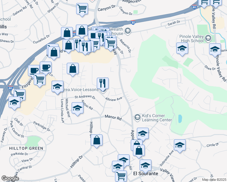 map of restaurants, bars, coffee shops, grocery stores, and more near 1713 Dalessi Drive in Pinole