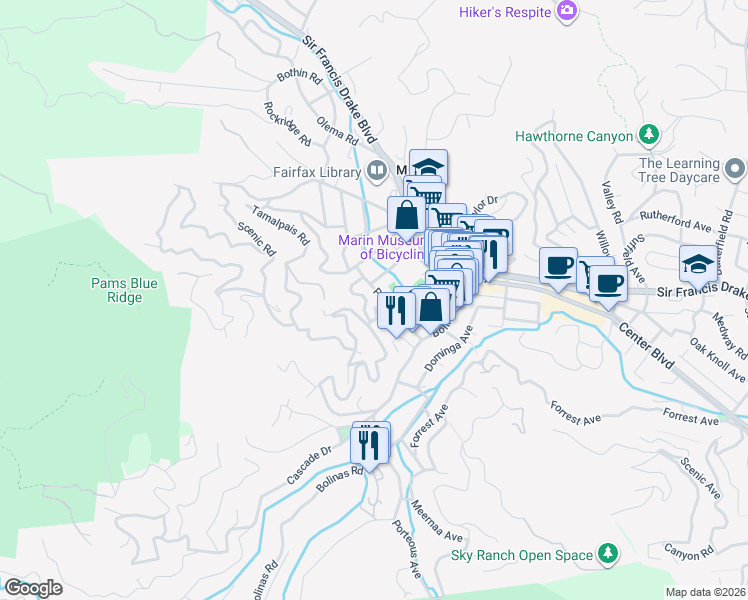 map of restaurants, bars, coffee shops, grocery stores, and more near 46 Wreden Avenue in Fairfax