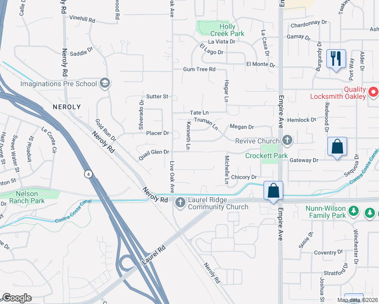 map of restaurants, bars, coffee shops, grocery stores, and more near 11 Leila Court in Oakley